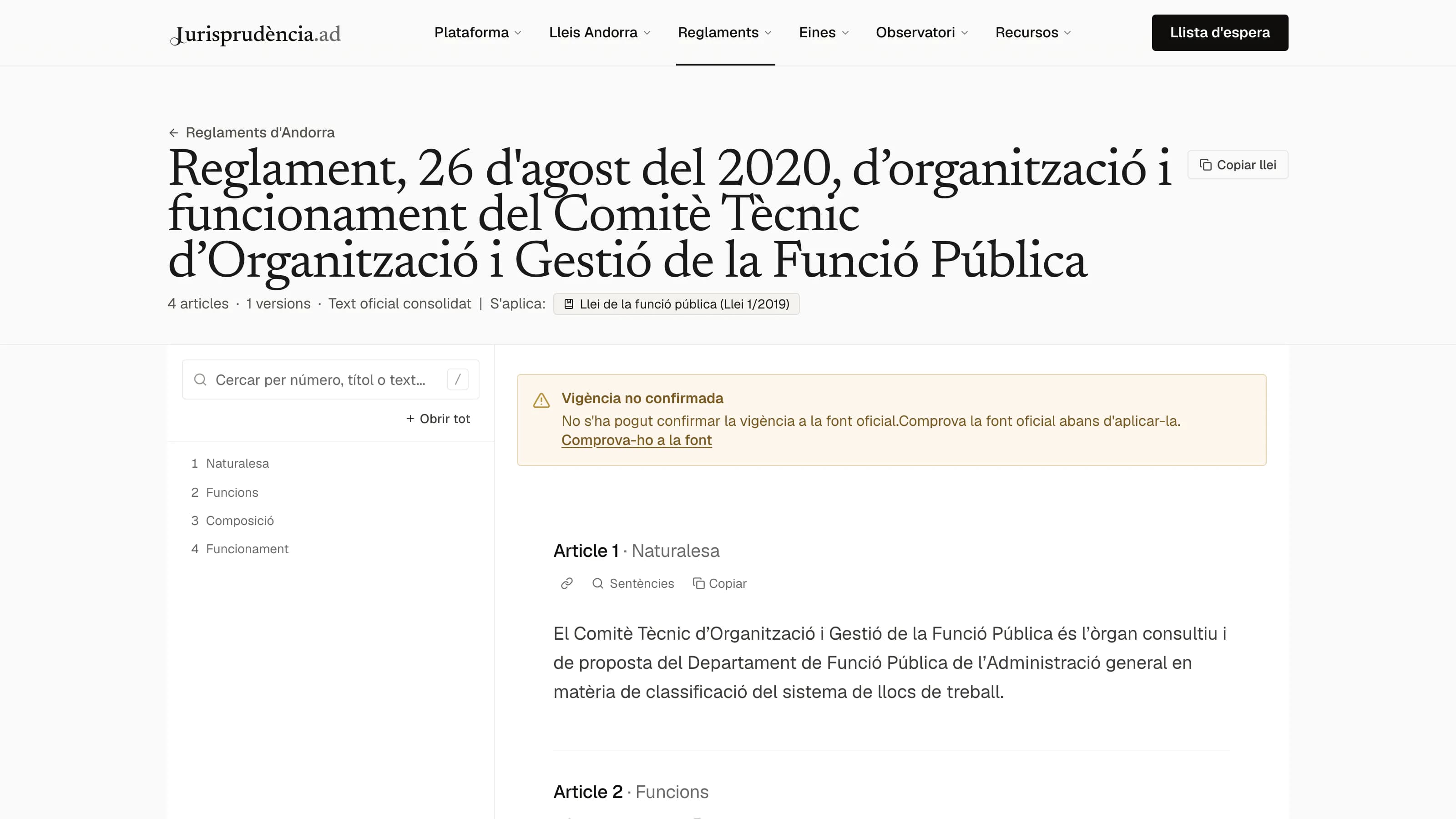 Visor d'un reglament andorrà consolidat amb els seus articles, el nombre de versions i la llei que el desenvolupa enllaçada