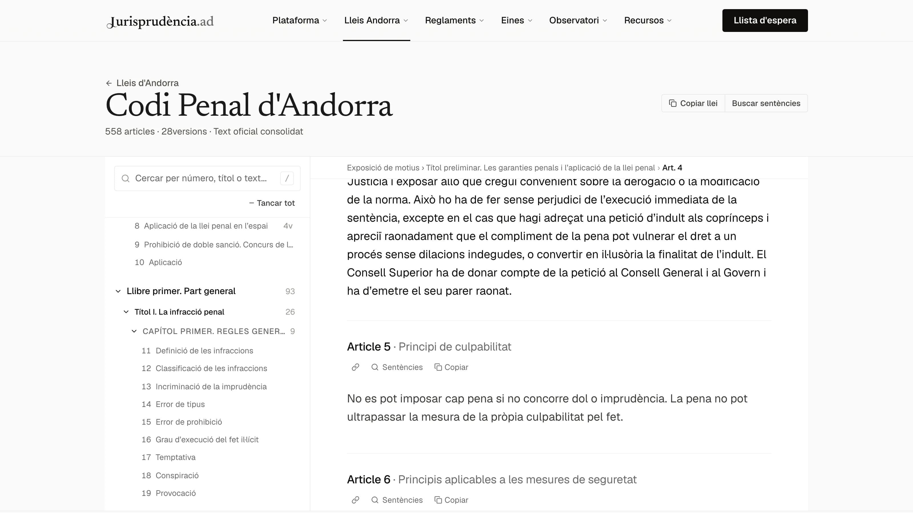 Visor de legislació consolidada amb l’estructura del codi a l’esquerra i el text de l’article a la dreta