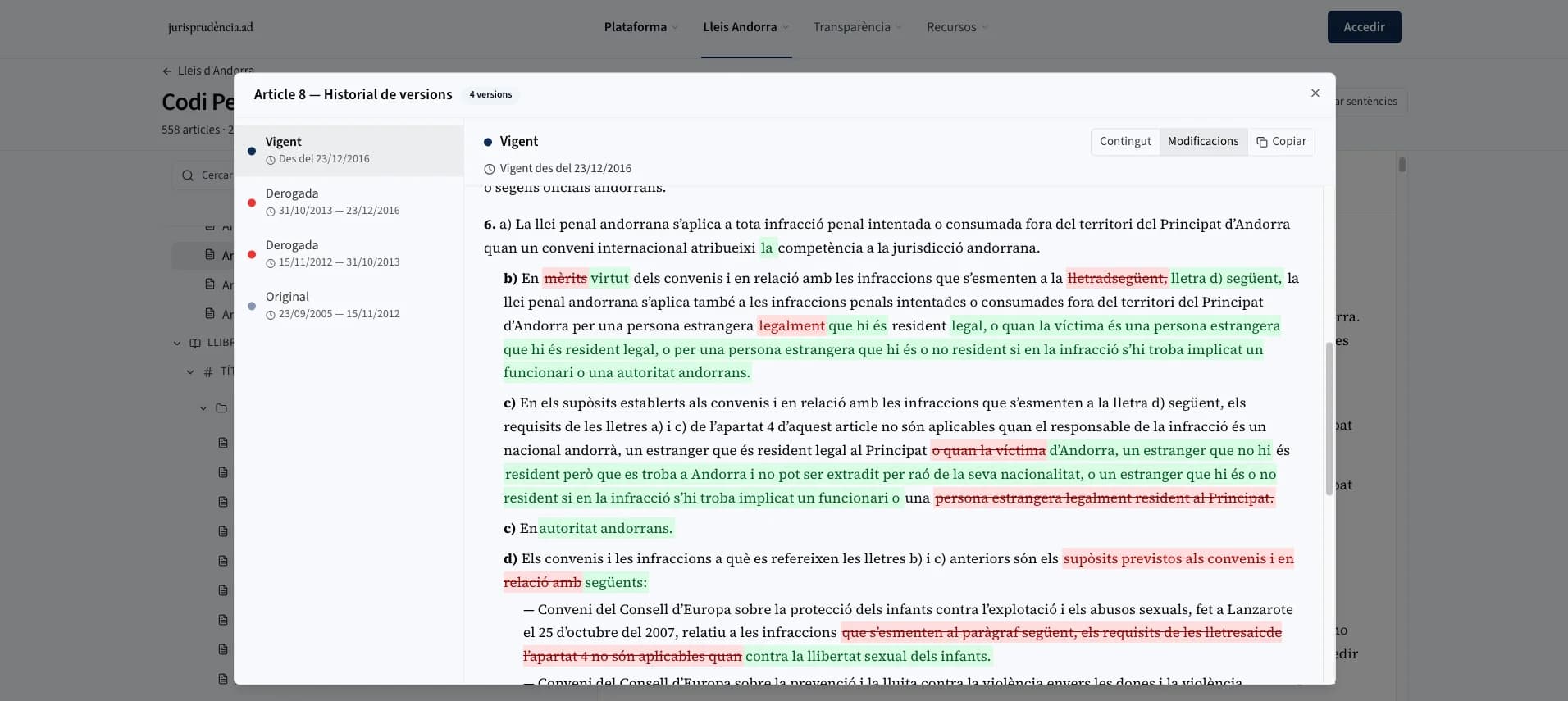 Visor de reglaments d'Andorra amb el text consolidat, les àrees temàtiques i l'historial de versions
