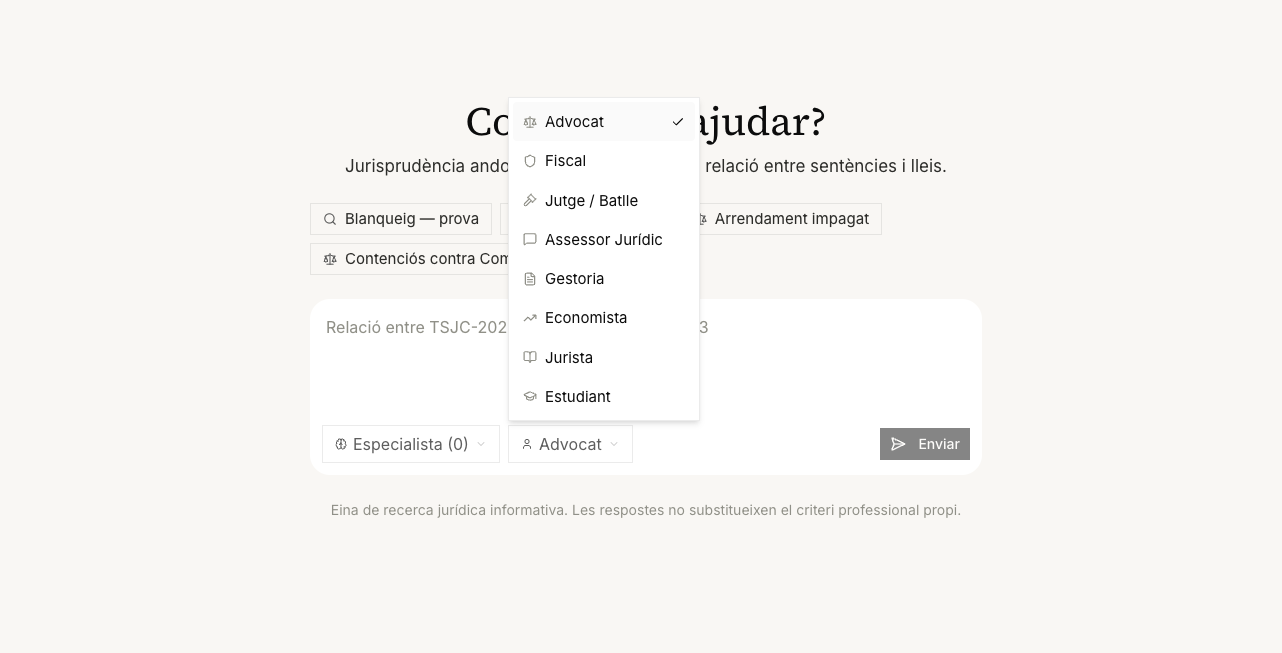 Menú de selecció de rol professional: Advocat, Fiscal, Jutge, Assessor, Gestoria, Economista, Jurista, Estudiant