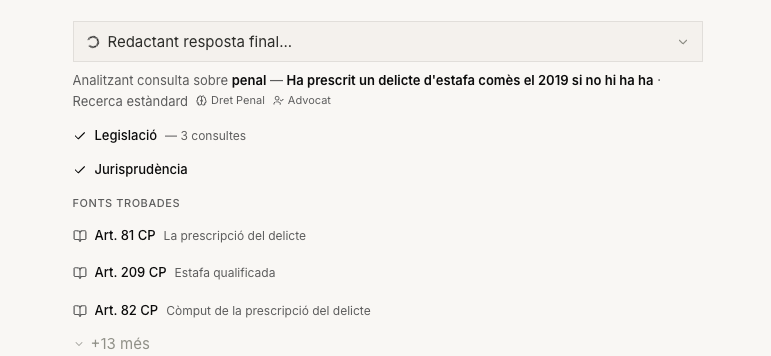 Recerca en temps real: el sistema mostra legislació trobada i fonts verificades