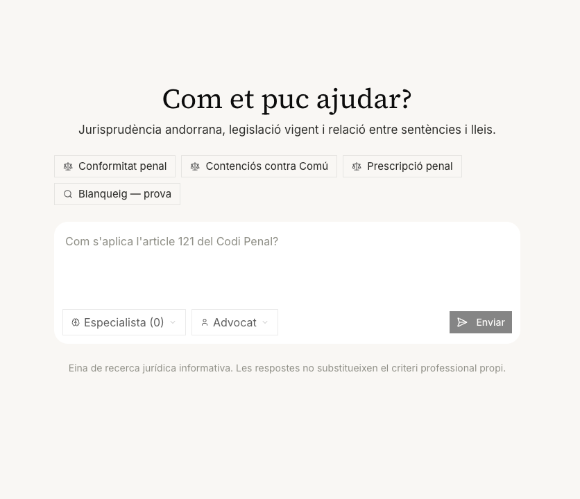 Pantalla inicial de la consulta assistida amb suggeriments i camp de consulta